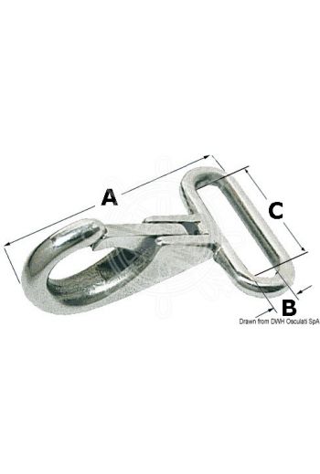 Snap-hooks with flat eye to fit belts, made of stainless steel (A: 48 mm, B: 5 mm, C: 25 mm, PCS: 10)