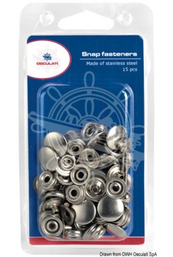 Snap fasteners made of stainless steel (Description: A series of 15 x 17-mm Ø pins, male and female 10.303.11/12/13, for fitting onto canopies, tents,)
