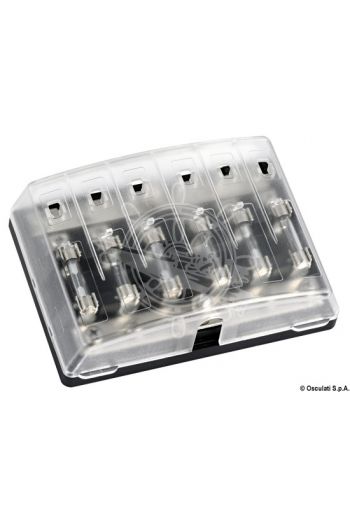 Glass fuse holder box (Fuse housings: 6, Measures: 130x90x36)