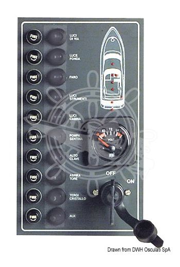 Watertight electric control panel (Switches: 10, Switches A: 15, Fuse size: 6x32 mm, Measures: 270x160 mm)