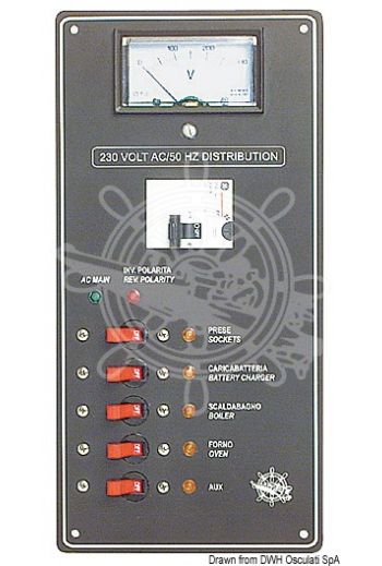 AC power control panel, 220 V (Magneto-thermic switches: 5, Measures: 140x285 mm, Coupled with panel: 14.809.00; 14.809.01)