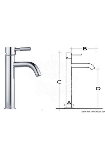 Diana sink mixer with ceramic cartridge for high column toilet sinks (A: 55 mm, B: 115 mm, C: 300 mm, D: 215 mm)